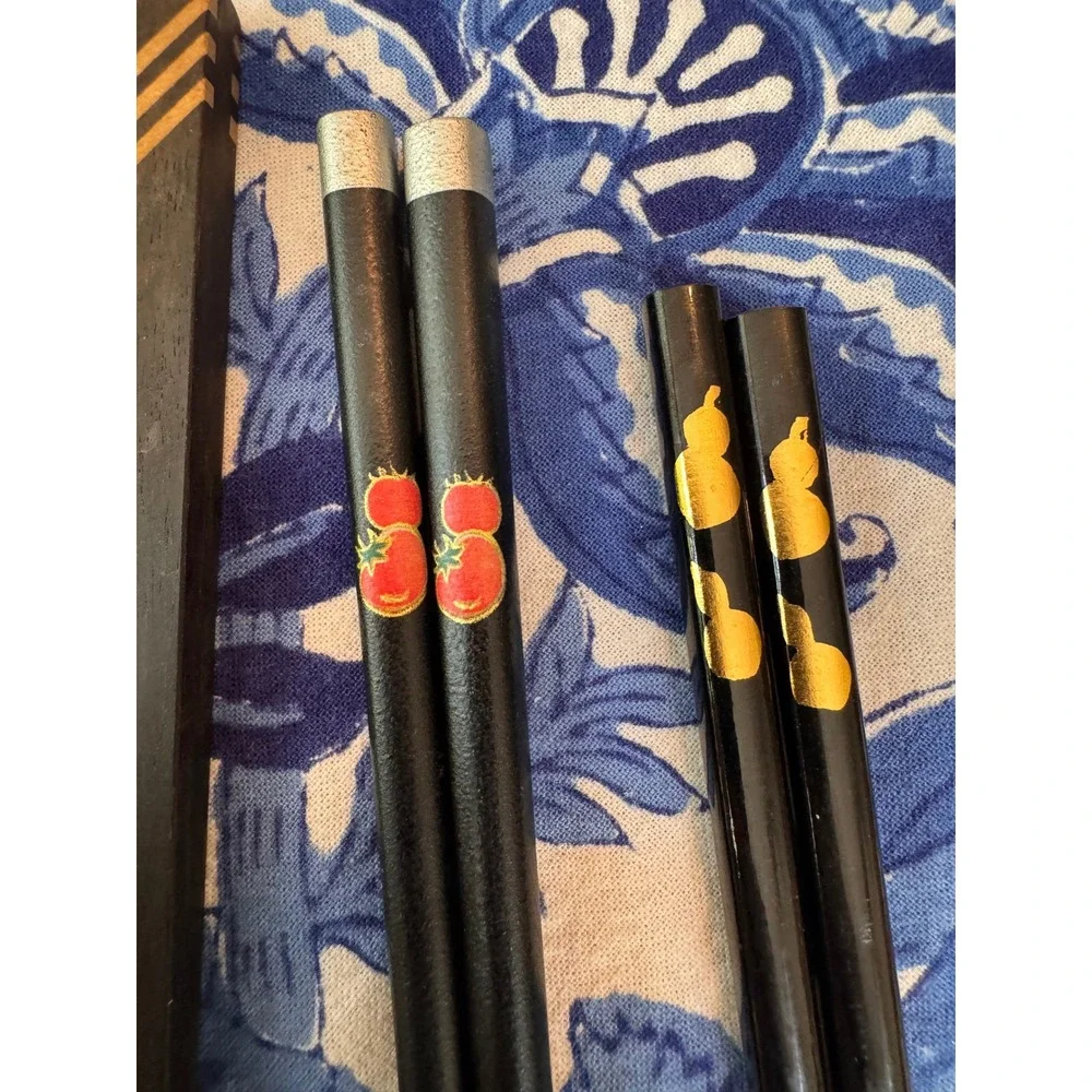 Vintage Assorted‎ Chopsticks Set 9 Pairs Bamboo Carved Wood Lacquer Inlaid Decor